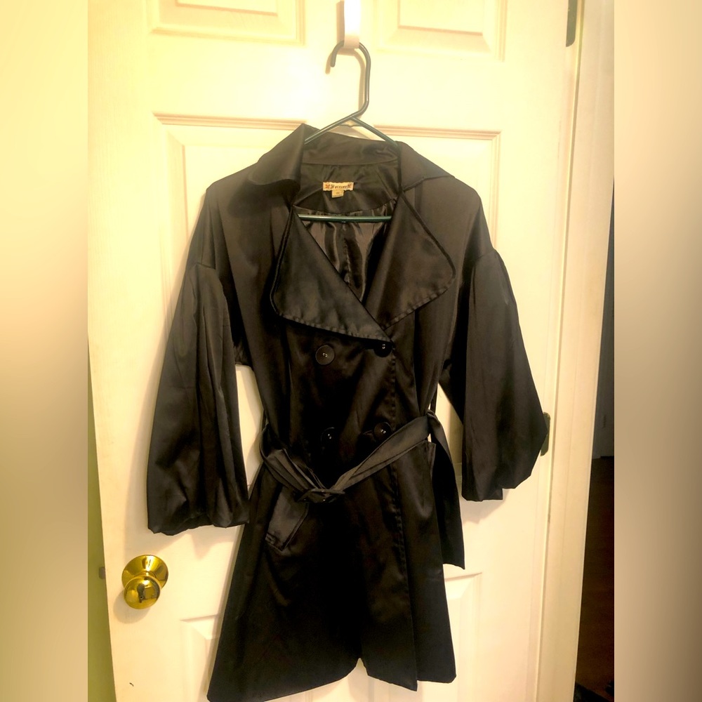 EUC Black Satin Dress trench Jacket Medium